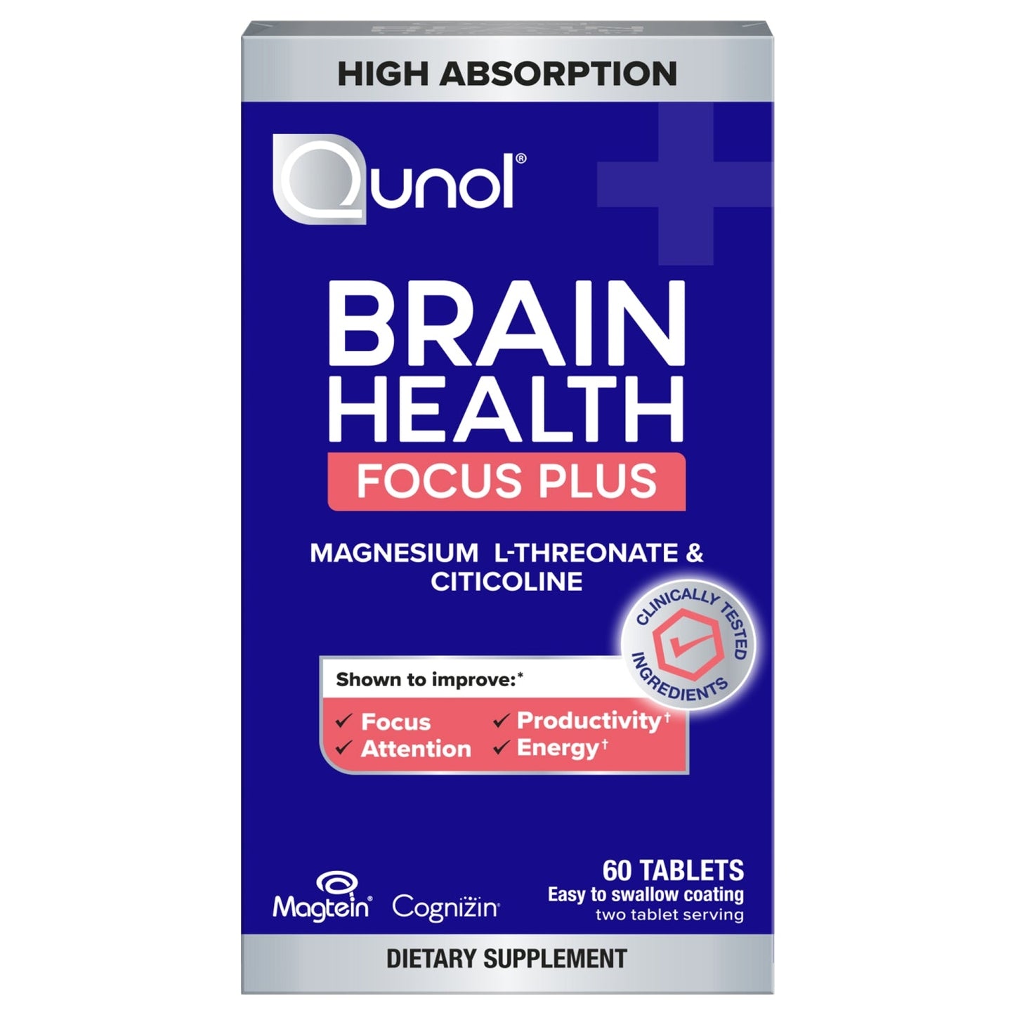 Brain Health Focus Plus, Magnesium L-Threonate & Citicoline, Clinically Tested Ingredients to Improve Focus, Attention and Productivity, 60 Count (Pack of 1)