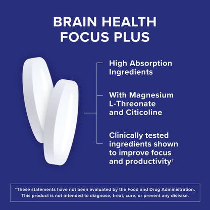 Brain Health Focus Plus, Magnesium L-Threonate & Citicoline, Clinically Tested Ingredients to Improve Focus, Attention and Productivity, 60 Count (Pack of 1)