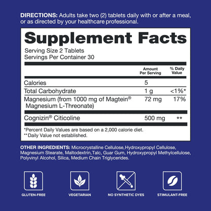 Brain Health Memory Plus, Magnesium L-Threonate & Citicoline, Clinically Tested Ingredients to Improve Memory, Focus, Attention and Productivity, 60 Count (Pack of 1)